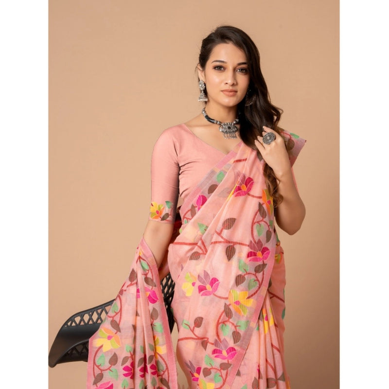 Mayawye Women's Cotton Printed Saree With Unstitched Blouse (Pink, 5-6 Mtrs)