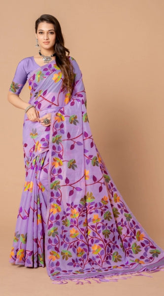 Mayawye Women's Cotton Printed Saree With Unstitched Blouse (Lavender, 5-6 Mtrs)