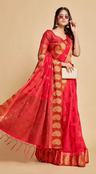Mayawye Women's Chanderi Cotton Printed Saree With Unstitched Blouse (Pink, 5-6 Mtrs)