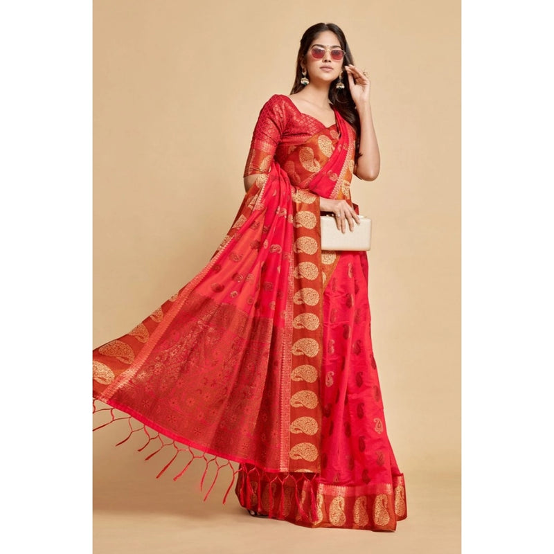 Mayawye Women's Chanderi Cotton Printed Saree With Unstitched Blouse (Pink, 5-6 Mtrs)