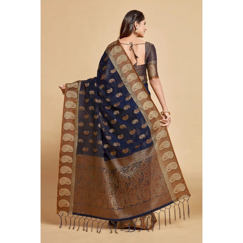 Mayawye Women's Chanderi Cotton Printed Saree With Unstitched Blouse (Navy Blue, 5-6 Mtrs)