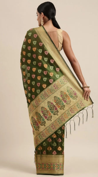 Mayawye Women's Organza Printed Saree With Unstitched Blouse (Mahendi, 5-6 Mtrs)