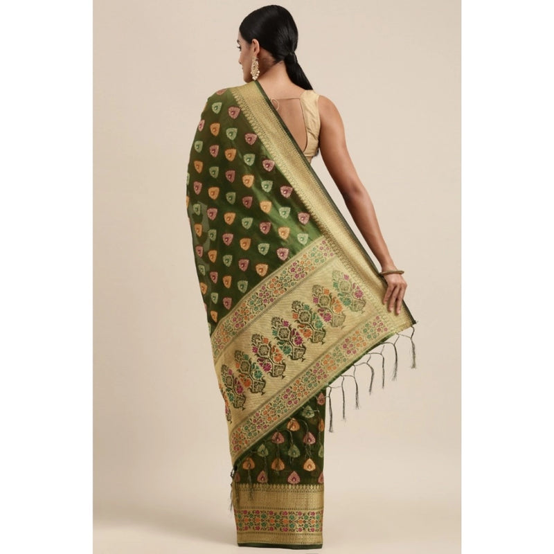 Mayawye Women's Organza Printed Saree With Unstitched Blouse (Mahendi, 5-6 Mtrs)
