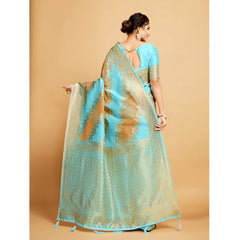 Mayawye Women's Linen Printed Saree With Unstitched Blouse (Sky Blue, 5-6 Mtrs)