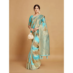 Mayawye Women's Linen Printed Saree With Unstitched Blouse (Sky Blue, 5-6 Mtrs)