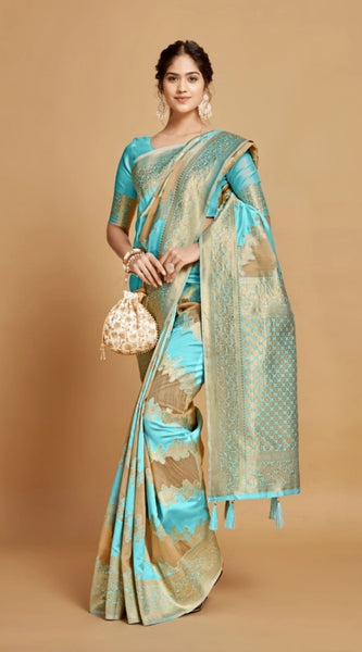 Mayawye Women's Linen Printed Saree With Unstitched Blouse (Sky Blue, 5-6 Mtrs)