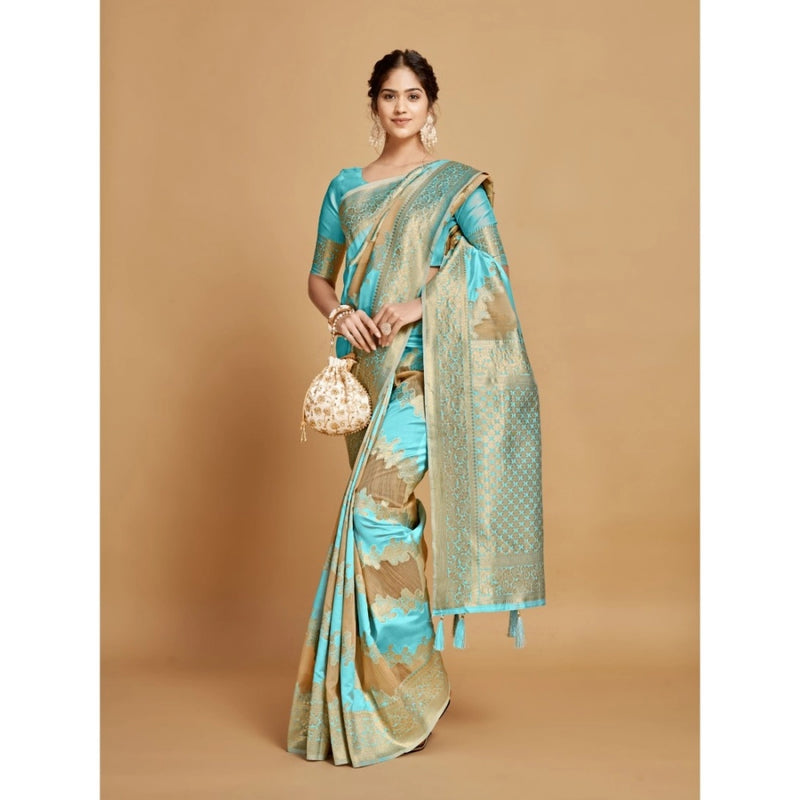 Mayawye Women's Linen Printed Saree With Unstitched Blouse (Sky Blue, 5-6 Mtrs)