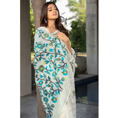 Mayawye Women's Cotton Printed Saree With Unstitched Blouse (White, 5-6 Mtrs)
