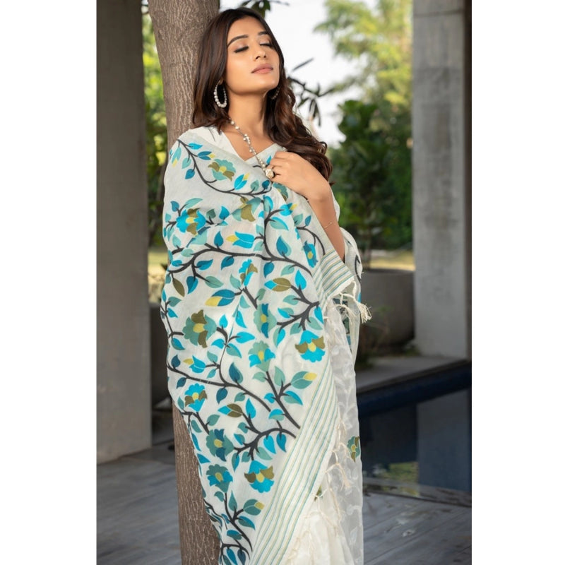 Mayawye Women's Cotton Printed Saree With Unstitched Blouse (White, 5-6 Mtrs)