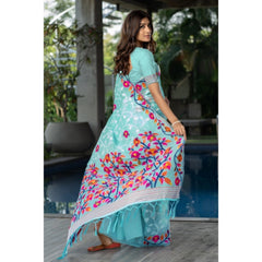 Mayawye Women's Cotton Printed Saree With Unstitched Blouse (Sky Blue, 5-6 Mtrs)