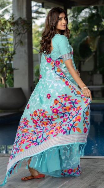 Mayawye Women's Cotton Printed Saree With Unstitched Blouse (Sky Blue, 5-6 Mtrs)