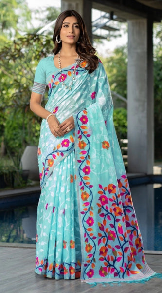 Mayawye Women's Cotton Printed Saree With Unstitched Blouse (Sky Blue, 5-6 Mtrs)