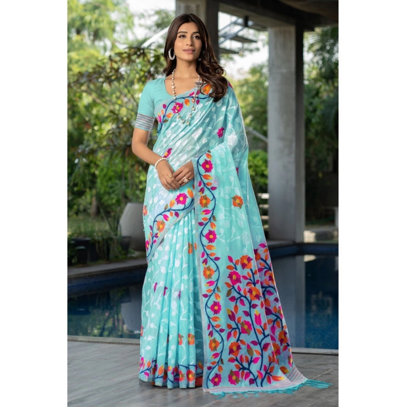 Mayawye Women's Cotton Printed Saree With Unstitched Blouse (Sky Blue, 5-6 Mtrs)