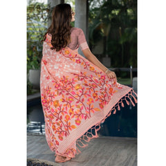 Mayawye Women's Cotton Printed Saree With Unstitched Blouse (Peach, 5-6 Mtrs)