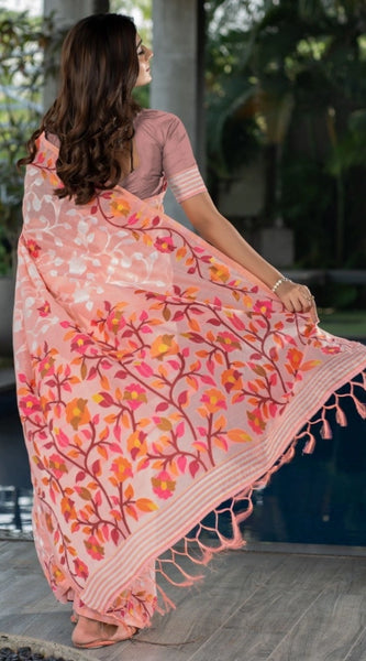 Mayawye Women's Cotton Printed Saree With Unstitched Blouse (Peach, 5-6 Mtrs)