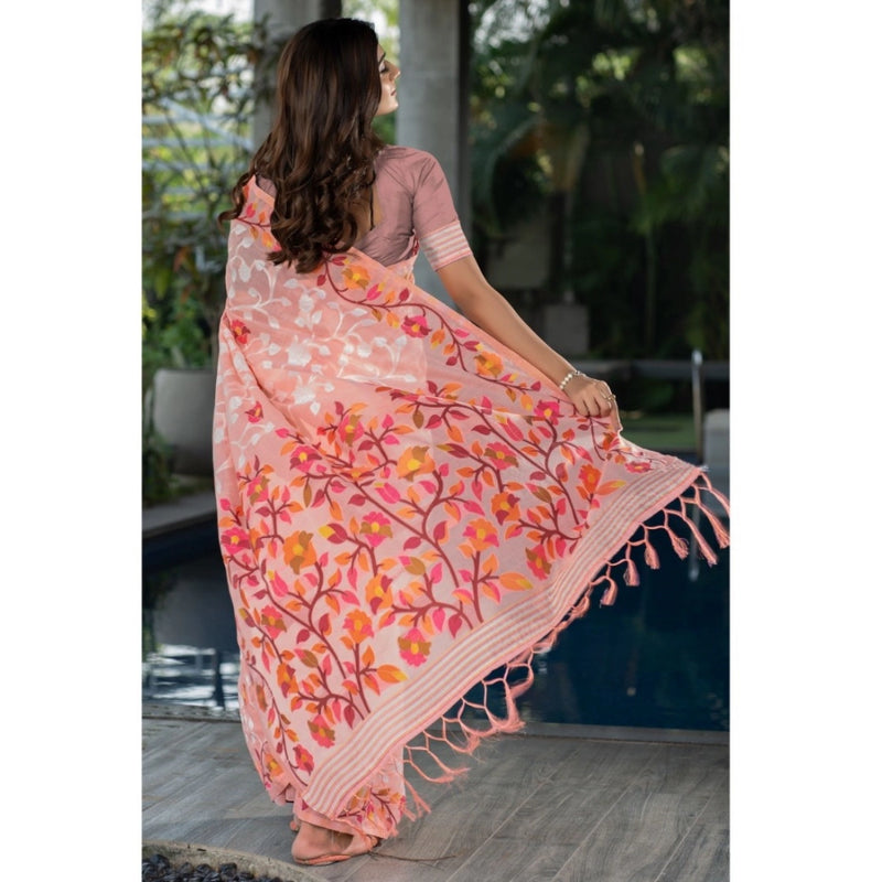 Mayawye Women's Cotton Printed Saree With Unstitched Blouse (Peach, 5-6 Mtrs)