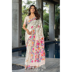 Mayawye Women's Cotton Printed Saree With Unstitched Blouse (Off-White, 5-6 Mtrs)