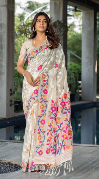 Mayawye Women's Cotton Printed Saree With Unstitched Blouse (Off-White, 5-6 Mtrs)