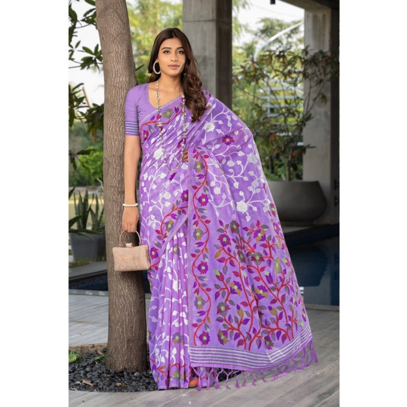 Mayawye Women's Cotton Printed Saree With Unstitched Blouse (Lavender, 5-6 Mtrs)