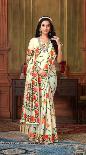 Mayawye Women's Organza Printed Saree With Unstitched Blouse (White, 5-6 Mtrs)
