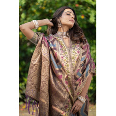 Mayawye Women's Organza Printed Saree With Unstitched Blouse (Wine, 5-6 Mtrs)