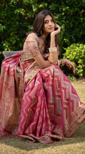 Mayawye Women's Organza Printed Saree With Unstitched Blouse (Pink, 5-6 Mtrs)