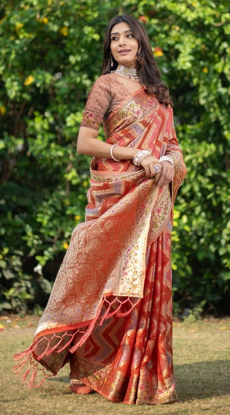 Mayawye Women's Organza Printed Saree With Unstitched Blouse (Orange, 5-6 Mtrs)