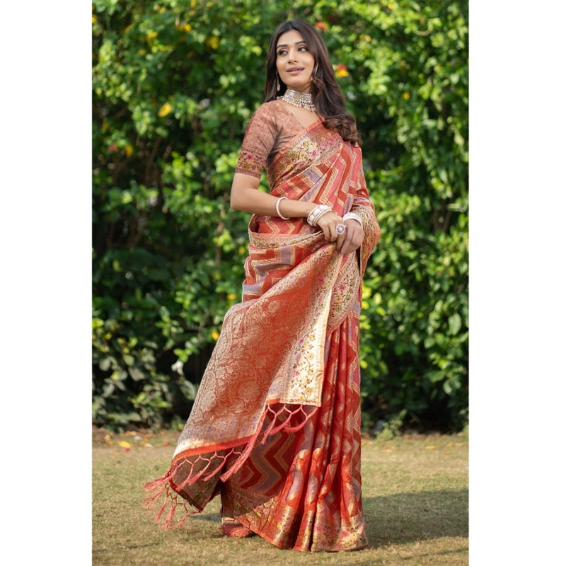 Mayawye Women's Organza Printed Saree With Unstitched Blouse (Orange, 5-6 Mtrs)