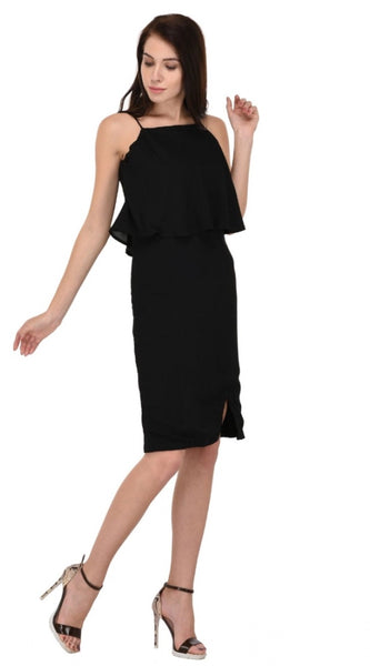 Mayawye Women's Cotton Blend Solid Sleeveless Dress (Black)