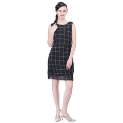Mayawye Women's Cotton Blend Checked Sleeveless Sheath Dress (Black)