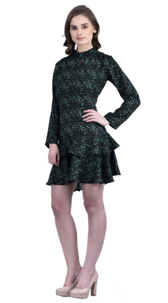 Mayawye Women's Cotton Blend Floral Full Sleeves Dress (Green)