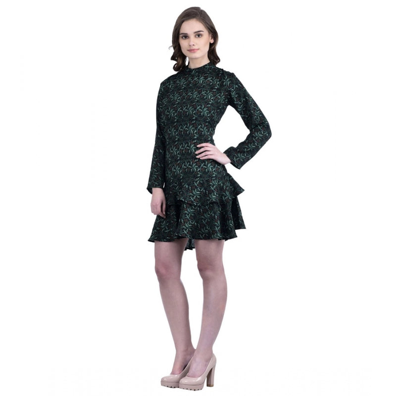Mayawye Women's Cotton Blend Floral Full Sleeves Dress (Green)