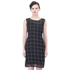 Mayawye Women's Cotton Blend Checked Sleeveless Sheath Dress (Black)