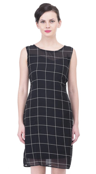 Mayawye Women's Cotton Blend Checked Sleeveless Sheath Dress (Black)