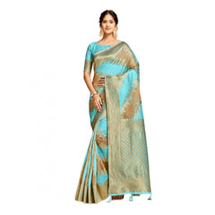 Mayawye Women's Linen Printed Saree With Unstitched Blouse (Sky Blue, 5-6 Mtrs)