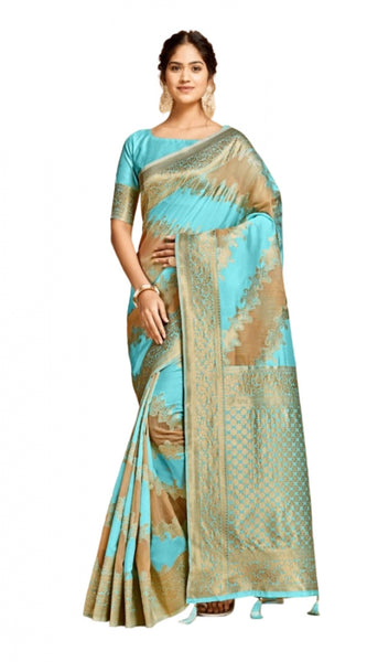 Mayawye Women's Linen Printed Saree With Unstitched Blouse (Sky Blue, 5-6 Mtrs)