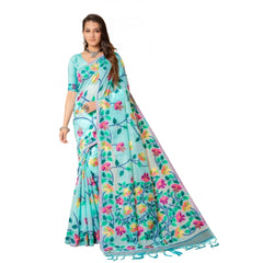 Mayawye Women's Cotton Printed Saree With Unstitched Blouse (Sky Blue, 5-6 Mtrs)
