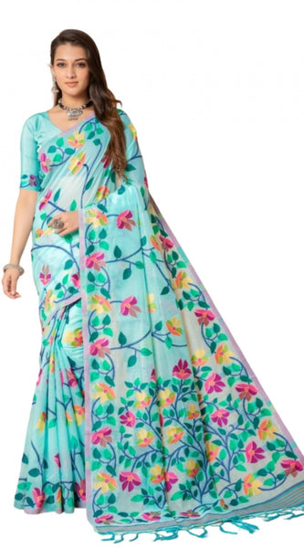 Mayawye Women's Cotton Printed Saree With Unstitched Blouse (Sky Blue, 5-6 Mtrs)