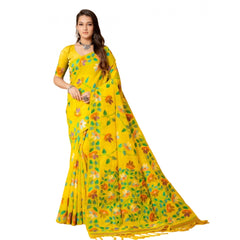 Mayawye Women's Cotton Printed Saree With Unstitched Blouse (Yellow, 5-6 Mtrs)