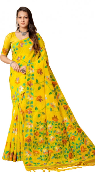 Mayawye Women's Cotton Printed Saree With Unstitched Blouse (Yellow, 5-6 Mtrs)