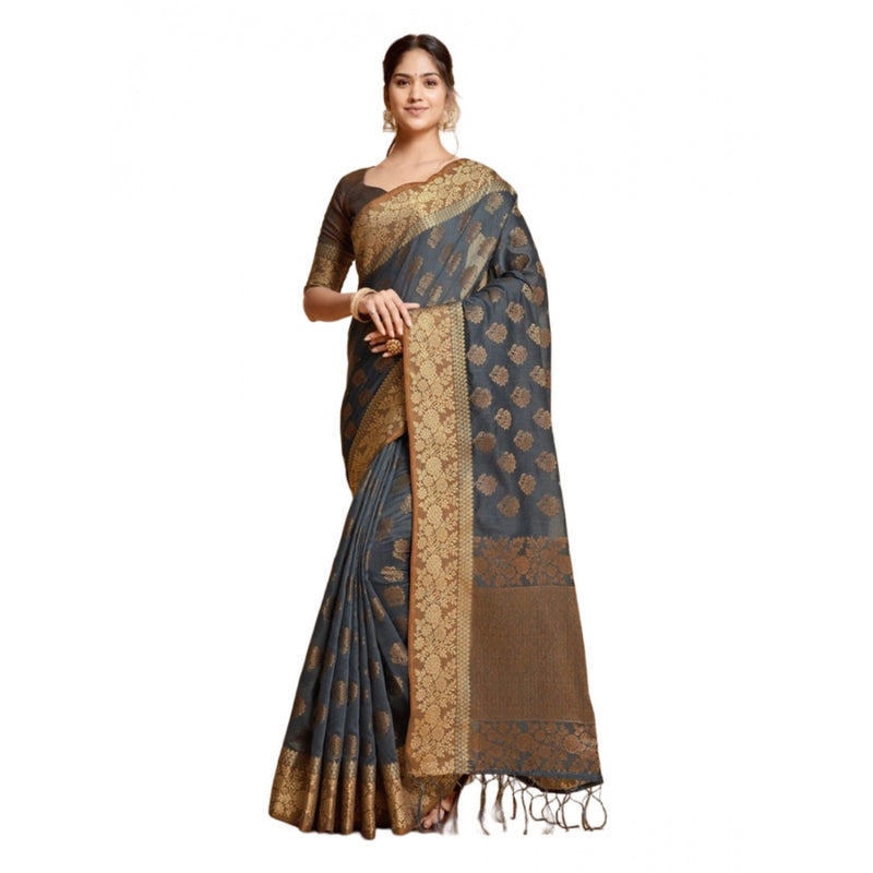 Mayawye Women's Chanderi Cotton Printed Saree With Unstitched Blouse (Grey, 5-6 Mtrs)