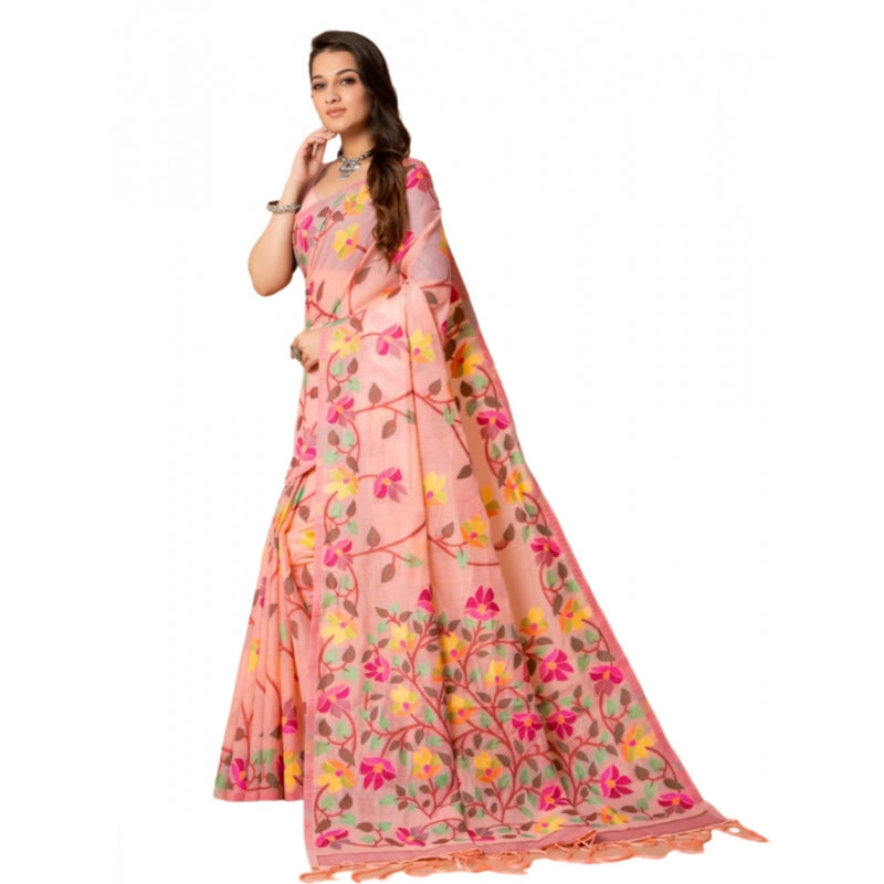 Mayawye Women's Cotton Printed Saree With Unstitched Blouse (Pink, 5-6 Mtrs)