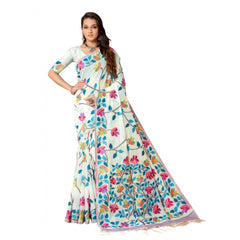 Mayawye Women's Cotton Printed Saree With Unstitched Blouse (White, 5-6 Mtrs)