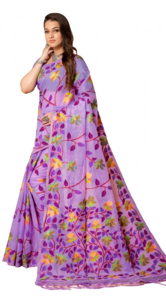 Mayawye Women's Cotton Printed Saree With Unstitched Blouse (Lavender, 5-6 Mtrs)