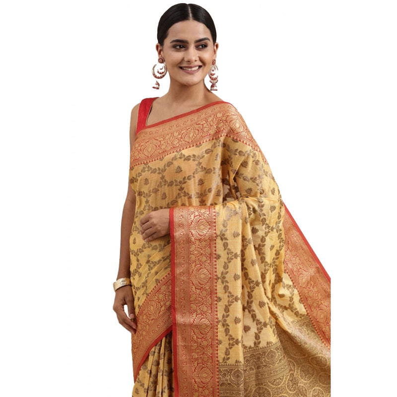 Mayawye Women's Chanderi Cotton Printed Saree With Unstitched Blouse (Yellow, 5-6 Mtrs)
