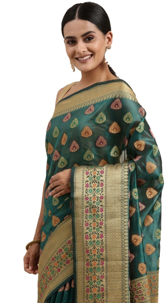 Mayawye Women's Organza Printed Saree With Unstitched Blouse (Sea Green, 5-6 Mtrs)