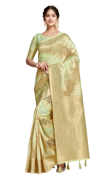 Mayawye Women's Linen Printed Saree With Unstitched Blouse (Pista, 5-6 Mtrs)