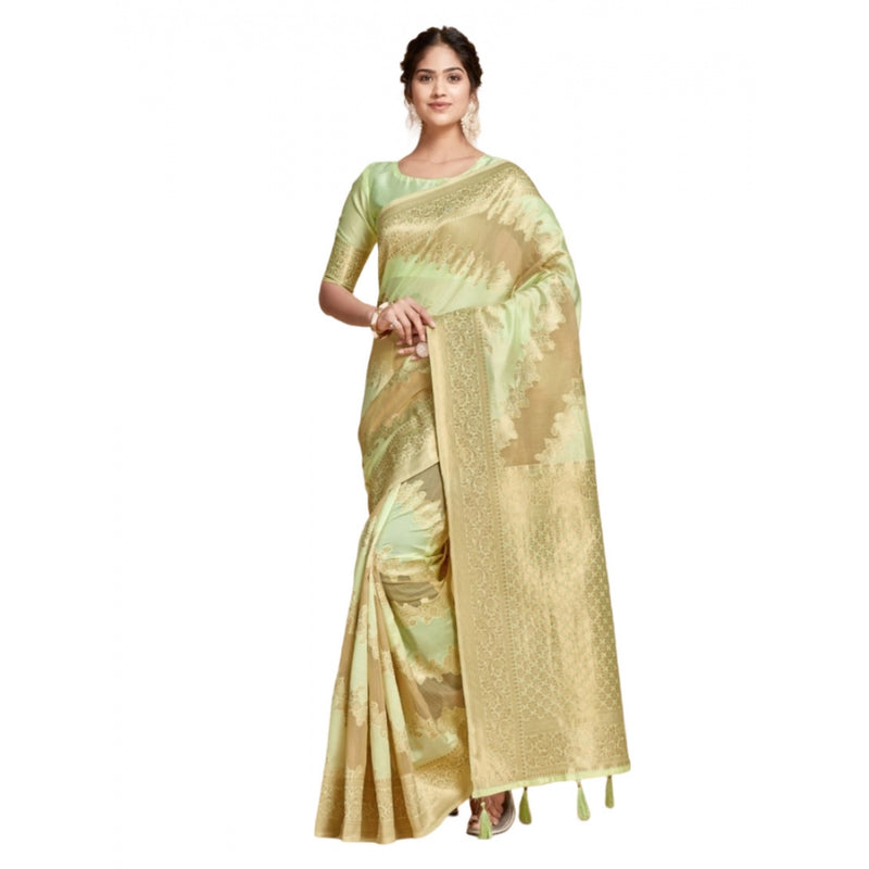 Mayawye Women's Linen Printed Saree With Unstitched Blouse (Pista, 5-6 Mtrs)