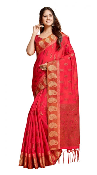 Mayawye Women's Chanderi Cotton Printed Saree With Unstitched Blouse (Pink, 5-6 Mtrs)
