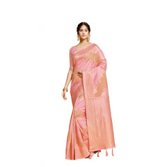 Mayawye Women's Linen Printed Saree With Unstitched Blouse (Pink, 5-6 Mtrs)